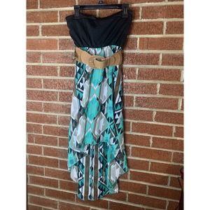 Rue 21 Juniors Dress Strapless Geometric Aztec Green Black Belted Small